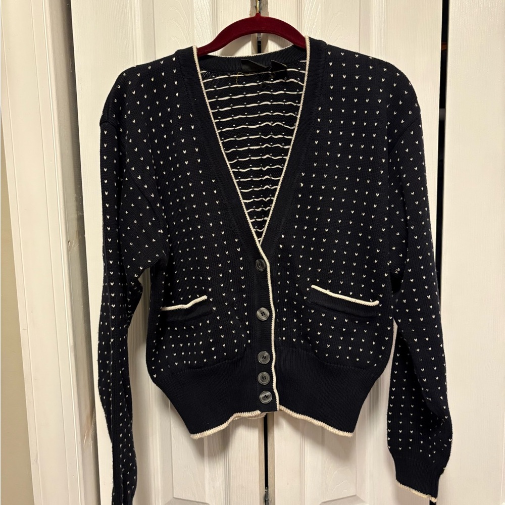 Vintage Liz Sport Cardigan 100% Cotton Size S Navy Blue Polka Dot Preppy Trendy